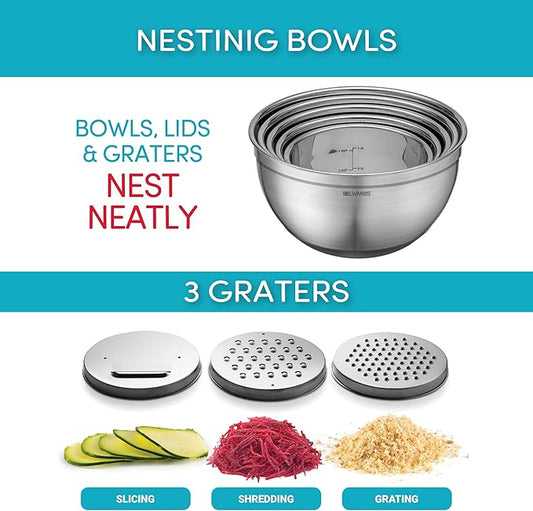 Mixing Bowls with Lids Set of 5 - Nesting Bowls with Airtight Lids and Graters - Stainless Steel Non-Slip Mixing Bowl for Baking, Food Storage and Prepping (Black)