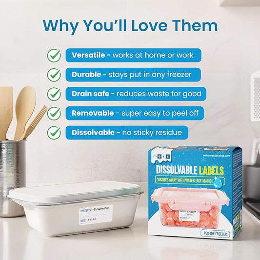 Mess Dissolvable Freezer - 500 Food Labels Stickers - Removable Labels for Food Containers - Kitchen Labels - Food Storage Labels 1x2in