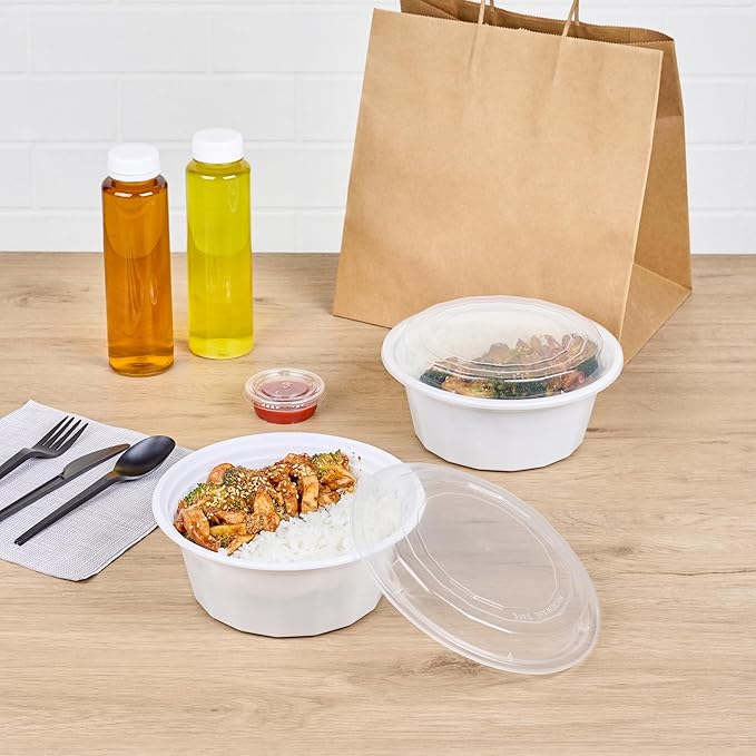 Restaurantware Asporto 32 Ounce To Go Boxes 100 Microwavable Take Out Food Containers - Clear Plastic Lids Included Do Not Contain BPA White Plastic Catering Food Containers Disposable Round
