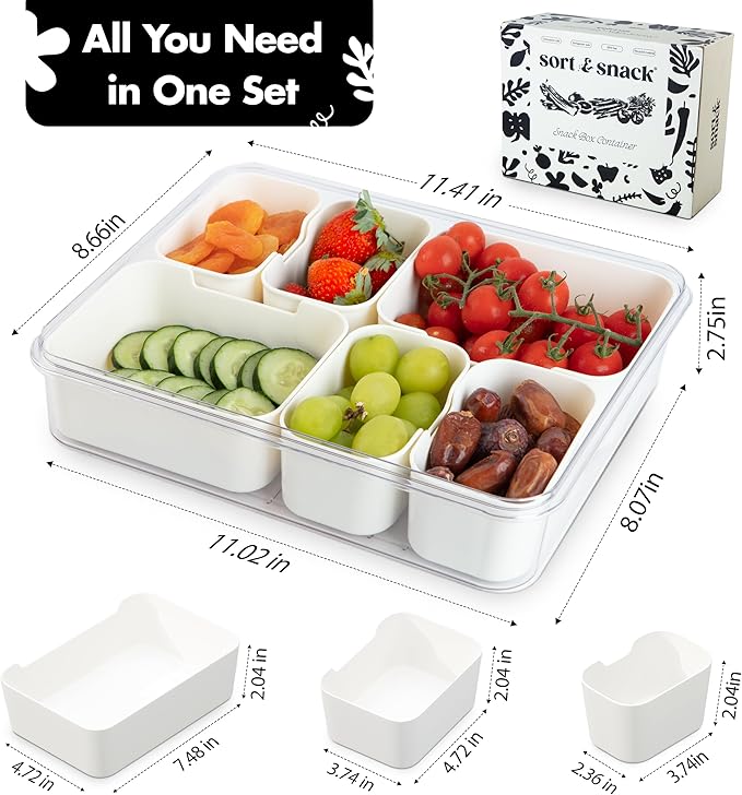 Sort & Snack 10 in 1 Large Snackle Box Container, Dishwasher safe snackle box, Customizable Snack Box, Veggie Tray with Lid, Divided Serving Tray with Lid, Travel Snack Container, Snack Organizer