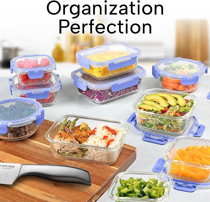 Zulay Kitchen 12 Pack Glass Meal Prep Containers with Lids - Airtight, Premium Borosilicate Glass Food Storage Containers - Microwave, Freezer & Oven Safe, BPA Free - Periwinkle