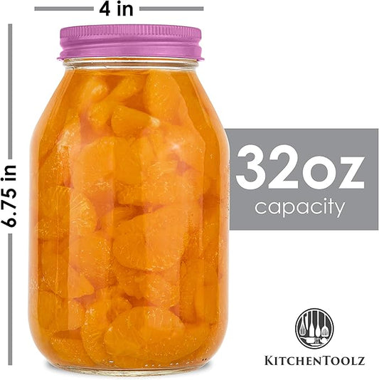 12 Pack of 32oz Regular Mouth Jelly Jam Glass Mason Jars and Metal Airtight Lids for Pickling, Fermenting, Canning and Storing. Containers for Pickles, Kombucha, Preserves, Sauces, Kefir, Fruits