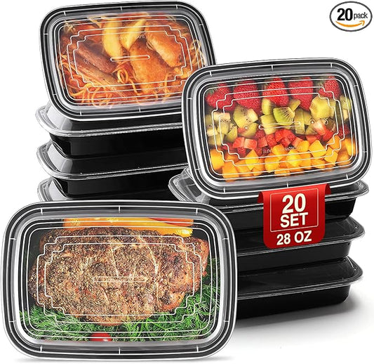 Eupako 20 Sets 28 oz Meal Prep Container Reusable - Plastic-Food-Storage-Containers-with-Lids, Disposable To Go Containers, Portion Control - Microwave, Dishwasher, Freezer Safe (1 Compartment)