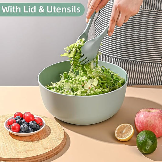 Bamboo Fiber Salad Bowl with Servers Set Large 9.8inches Nature Bamboo Mixing Bowl with Servers with Lid Spoon and Fork for Fruits,Salads and Vegetables