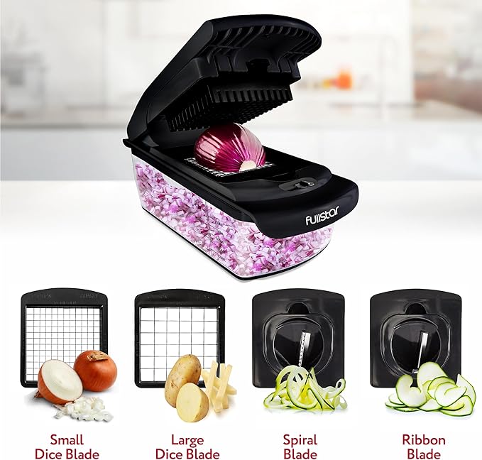 Fullstar Vegetable Chopper and Spiralizer - Food Chopper with Container, Fruit Slicer, Kitchen Gadgets & Accessories, Home Essentials (4 in 1, Black)