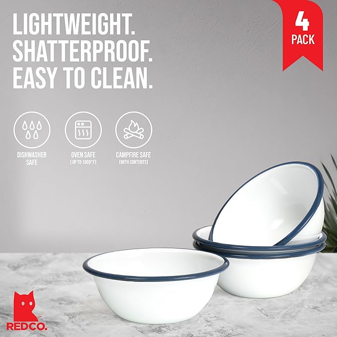 Red Co. Set of 4 Enamelware Metal Classic 20 oz Round Cereal Bowl, Solid White/Navy Blue Rim