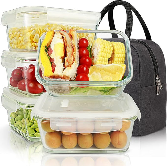 DAS TRUST [5-Packs, 36 Oz. Glass Meal Prep Containers with Locking Lids Glass Food Containers,Airtight Lunch Container,Microwave, Oven, Freezer and Dishwasher (4.5 Cup, White)