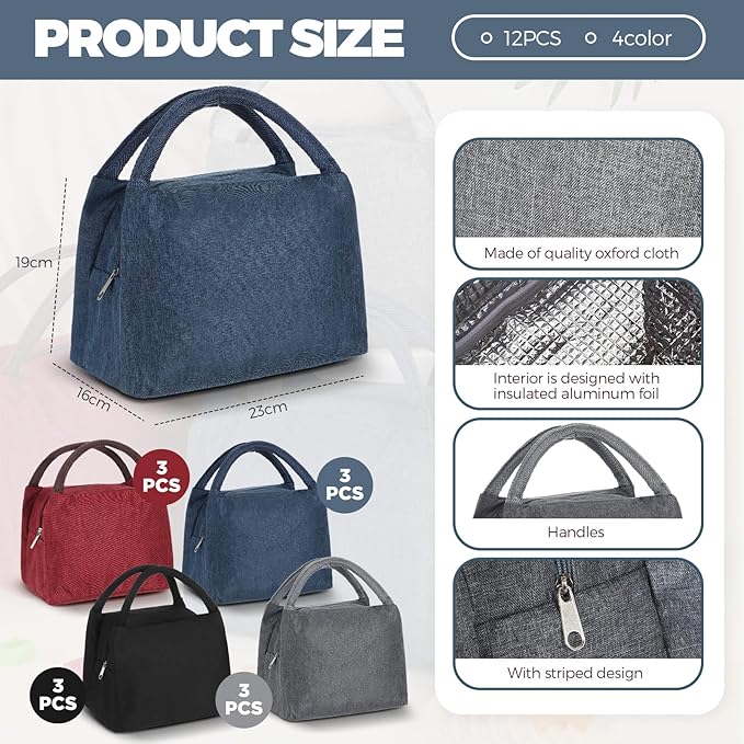 Chunful 12 Pcs Lunch Bags Bulk Insulated Reusable Lunch Bags Pouch with Aluminum for Women Adult School Office Work Employees