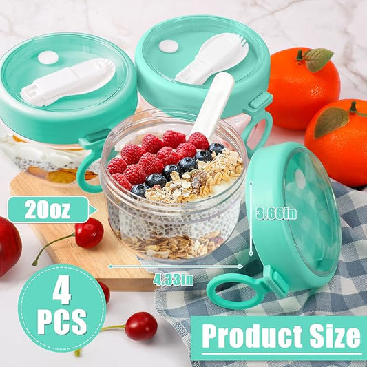 4 Pcs Overnight Oats Container with Lids and Spoons, 20 oz Plastic Overnight Oats Jars Large Capacity Airtight Yogurt Container for Milk, Fruit, Cereal and Salad Storage (Cyan)