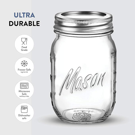 Paksh Novelty Mason Jars with Lids & Sealer - 5 Pack 16 Oz Regular Mouth Glass Canning Jars - Food Storage Container - Airtight Container for Pickling, Candles, Overnight Oats, Fruit Preserves