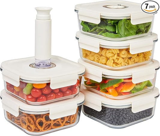 HOLDN’ STORAGE Vacuum Food Storage Containers, Set of 6 Glass Containers plus a Manual Vacuum Pump – Keep Food Fresh Longer, BPA-Free Glass, Leak-Proof, Ideal for Meal Prep, Marinating.