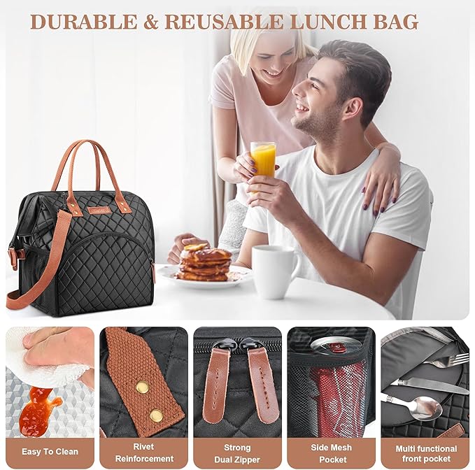 LOKASS Lunch Bag Insulated Lunch Box Wide-Open Lunch Tote Bag with Removable Shoulder Strap for Women/Men Adults Work Picnic Hiking Beach Fishing(Black)