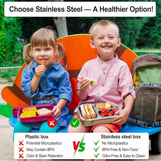 Stainless Steel Lunch Box for Kids & Adults - 25 oz - Leakproof 3 Compartment Metal Lunch Container - 18/8 Stainless Steel Bento Box - Ideal for School, Office & Outdoor - Dishwasher Safe (Khaki)