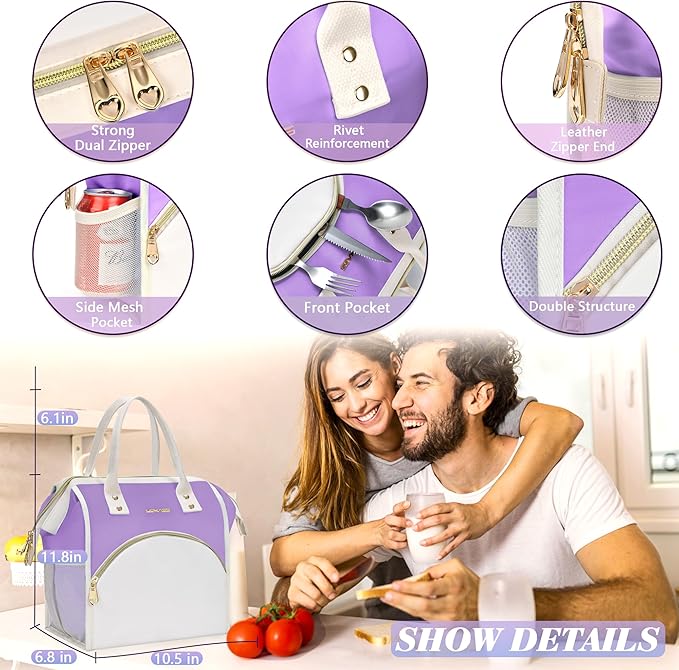 LOKASS Lunch Bag Women Insulated Lunch Box, Wide-Open Lunch Tote Bag Leak-proof Cooler Bag for Work Picnic-（Light Purple）