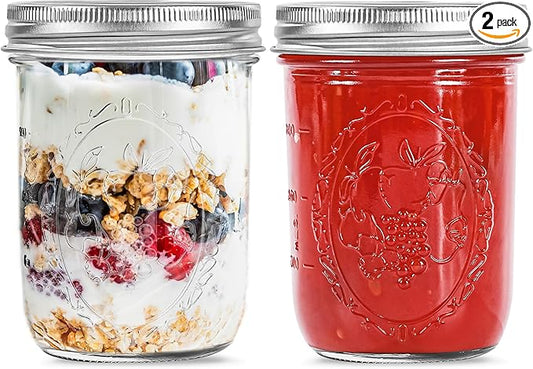 Wide Mouth Mason Jars 16 oz with Lids [2 Pack], Canning Jars with Metal Airtight Lids and Bands, 16 oz Glass Jars for Fermenting, Pickling, Freezing, Preserving, Meal Prep, Jar Décor