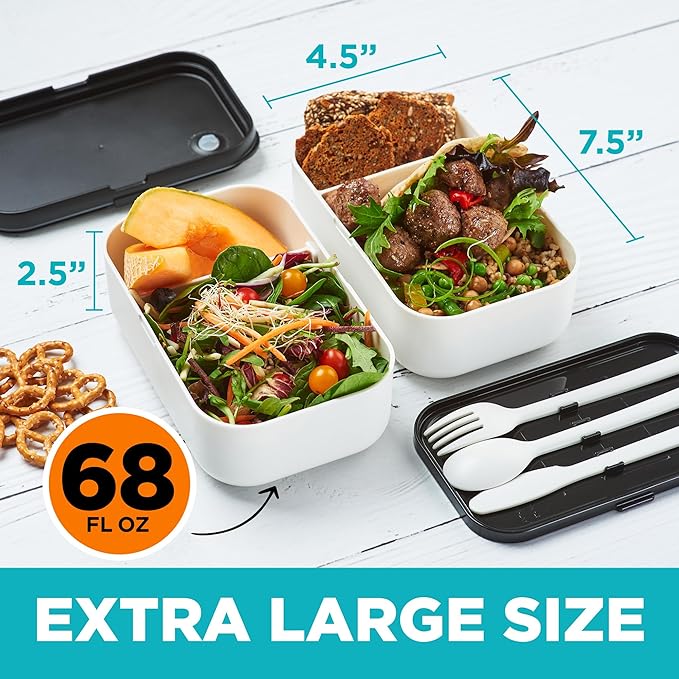 Double Premium Bento Box Adult, 67 fl oz BPA-Free - Cream' Stackable Lunch Box with Leak-Proof Lids & Dividers, Perfect for Meal Prep, Lunches & Portion Control