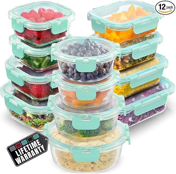 Zulay Kitchen 12 Pack Glass Meal Prep Containers with Lids - Airtight, Premium Borosilicate Glass Food Storage Containers - Microwave, Freezer & Oven Safe, BPA Free - Teal