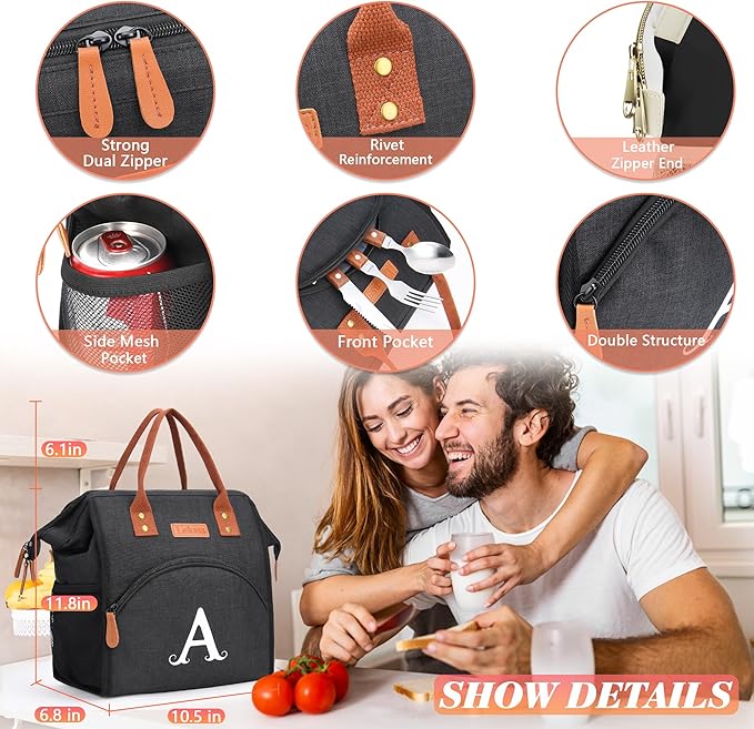 Personalized Lunch Box for Women, Initial Reusable Insulated Lunch Bag, Wide-Open Adult Lunchbox Cooler Lunchbag Snack Organizer, Initial Leakproof Lunch Tote Bag for Picnic Work Outdoors Black - U