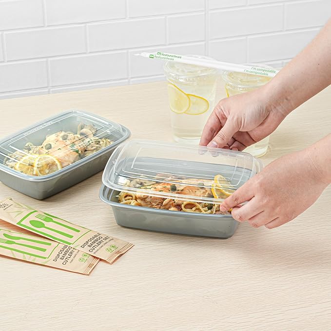 Restaurantware Asporto 38 Ounce Take Out Containers, 100 Food Containers With Lids - Microwavable, Disposable, Silver Plastic To Go Food Containers, No BPA, For Take Out And Delivery