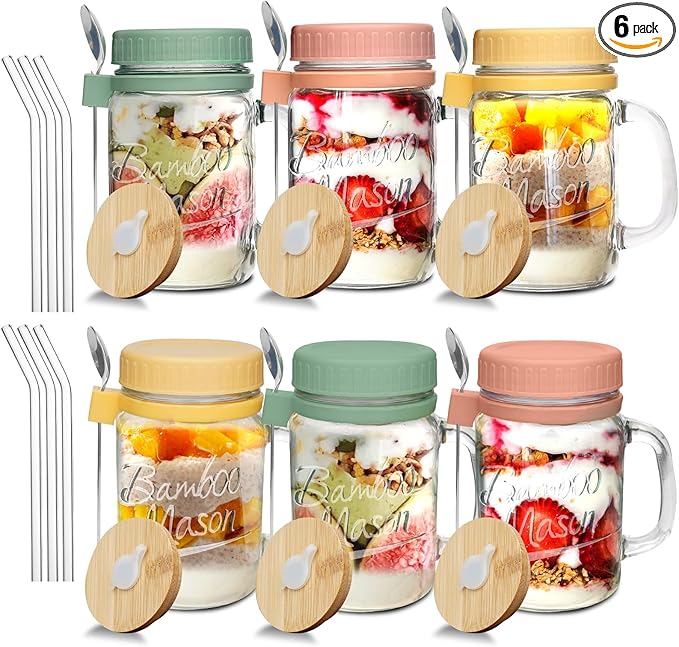 ANOTION Overnight Oats Containers with Lids and Spoons - 16 oz Mason Jars with Handle Set of 6 - Airtight Glass Meal Prep Containers for Oats Overnight, Yogurt Oatmeal Cereal Pudding Cups with Lids