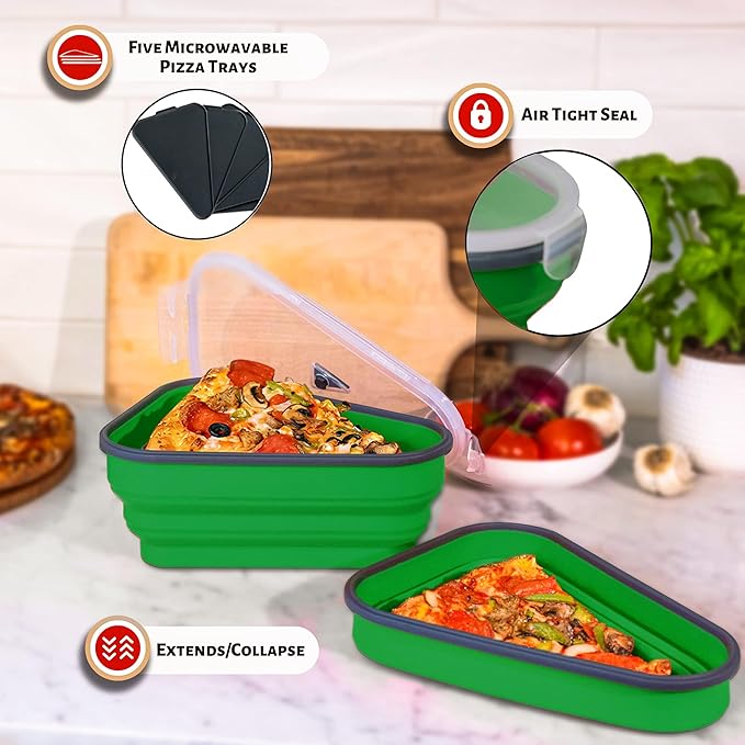PIZZA PACK The Perfect Reusable Pizza Storage Container with 5 Microwavable Serving Trays - BPA-Free Adjustable Pizza Slice Container to Organize & Save Space, 4 Pack, Green