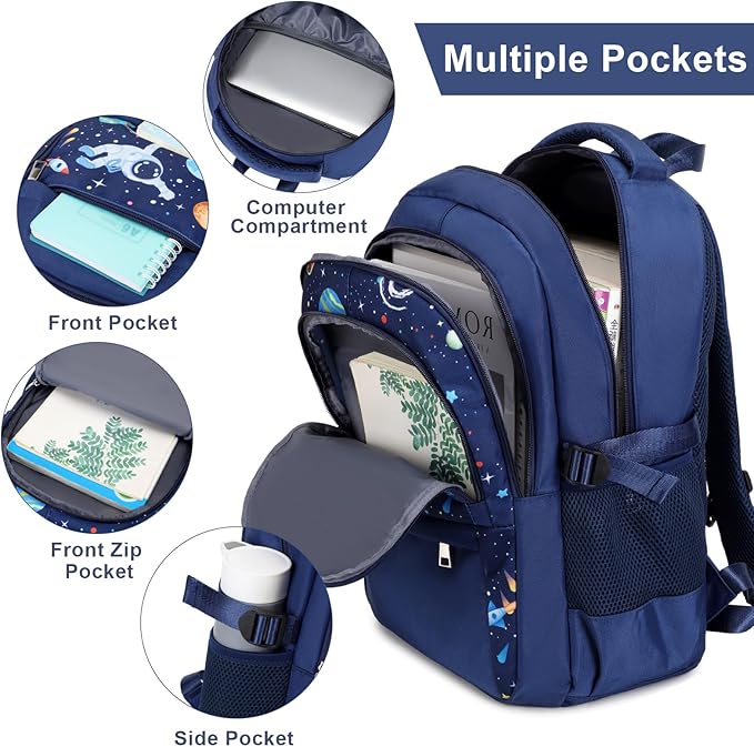 Boys Backpack - Astronaut Bento Box with Insulated Lunch Bag Pencil Case & Utensils Set for Kids, 6 Leakproof Compartments Removable Tray Lunches or Snack Container