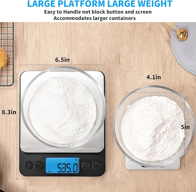 Upgraded Large Size Food Scale for Food Ounces and Grams, YONCON Kitchen Scales Digital Weight for Cooking, Baking, 5kg by 0.1g High Accurate Gram Scale with 2 Tray, Tare Function, LCD Display