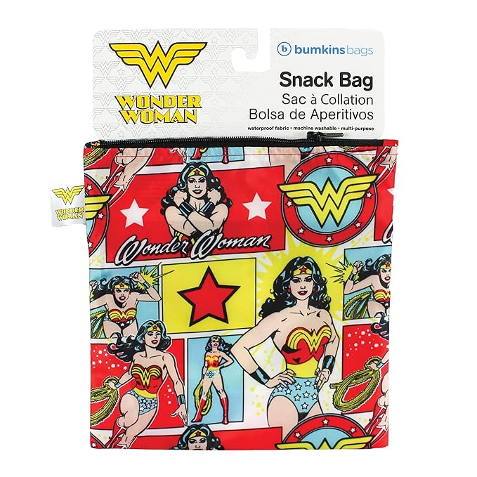 Bumkins Reusable Sandwich and Snack Bags, for Kids School Lunch and for Adults Portion, Washable Fabric, Waterproof Cloth Zip Bag, Travel Pouch, Food-Safe Storage, Large, DC Comics Wonder Woman