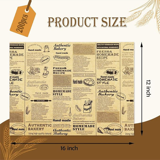 OTOPETE 200Pcs Food Paper Sheets, 12"x16" Grease Resistant Food Wrapper Paper, Newspaper Theme Gift Wrapping Paper, Large Size Tray Liner, for Home Kitchen Baking, Picnic, Party, Kraft Paper