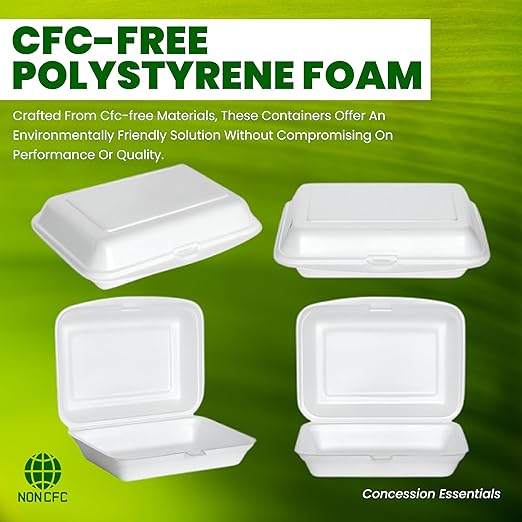 Concession Essentials Pack of 30CT 9" x 6.5" x 1.5" Inch Foam 1-Compartment Containers, White, Hinged, with Optional Venting, Polystyrene