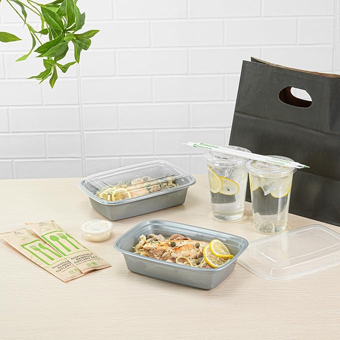 Restaurantware Asporto 38 Ounce Take Out Containers, 100 Food Containers With Lids - Microwavable, Disposable, Silver Plastic To Go Food Containers, No BPA, For Take Out And Delivery