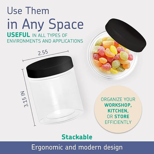 Plastic Containers with Water-Tight Black Lids (6 oz, 24 Pack) - Clear Plastic Food Storage Jars with Labels and White Marker - Great for your slime kit or any type of storage - BPA Free