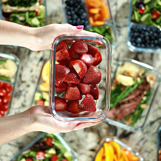 FIT Strong & Healthy 35oz Glass Meal Prep Containers with Lids 1 Compartment - Glass Lunch Box, Lunch Food Storage, Airtight Lids, Oven, Dishwasher & Freezer Safe, Leak-Proof Bento Box, Blue, 3 Pack