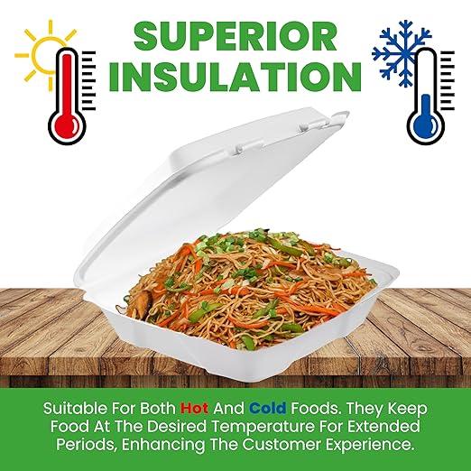 Concession Essentials Pack of 30CT Choice Large 9 x 9 x 3.5 Inch Foam 1-Compartment Containers, White, Hinged, with Optional Venting, Polystyrene, 9"L x 9"W x 3.5"H