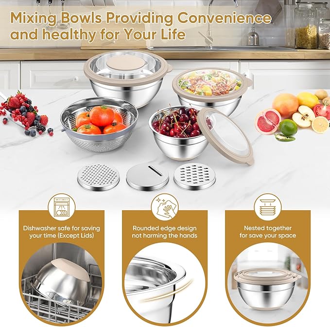 P&P CHEF Mixing Bowls with Lids Set of 3, 3 Pcs Stainless Steel Nesting Salad Bowls and Colander for Kitchen, 3 Grater Attachments & Non-Slip Bottoms, Visible & Airtight Lid, Khaki
