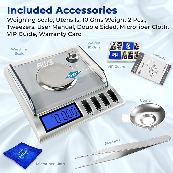 AWS Gemini-20 Milligram Scale 20g x 0.001g – Digital Jewelry/Lab Scale for Powder, Gold, Gems – Includes Calibration Weights, Tweezers & Tray – Tare, Cal, 6 Units, Pocket Size Mg Scale (Silver)