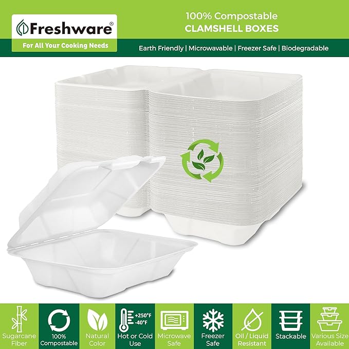 Freshware Compostable Clamshell Food Containers [9x6" 250-Pack] Disposable To Go Containers, Biodegradable Sugarcane To Go Boxes - Heavy Duty Paper Containers - Microwave & Freezer Safe, Stackable