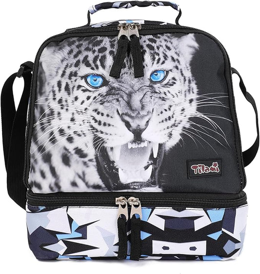 Tilami Lunch Bags Insulated Adjustable Strap Zipper, Water-Resistant Cooler Bags, Bento Bags for Kids Toddlers, Leopard Black