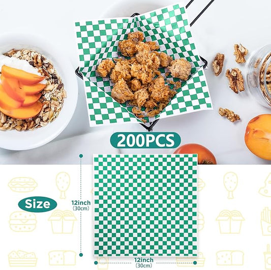 GeeRic Waxed Deli Paper Sheets 12 * 12 Inch, 200 Pcs Food Basket Liners for Sandwiches, Burgers, Checkered Deli Wrap Wax Paper Sheets Green