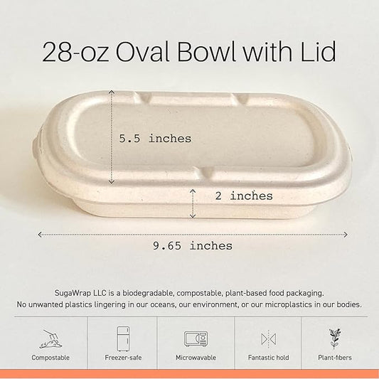 Disposable 28oz Oval Food Containers with Lids - Eco-Friendly Biodegradable Bamboo & Sugarcane, Sturdy & Leak Resistant, Freezer & Microwave Safe for Hot & Cold [400 Bowls + 400 Lids]
