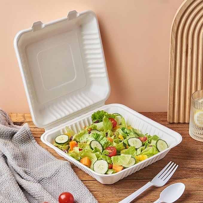 [9X9 1-Compartment 75-Pack Bio Natural Clamshell Take Out Food Containers with Lids, Disposable Bagasse Togo Plates, Eco-Friendly Biodegradable Made of Sugar Cane Fibers