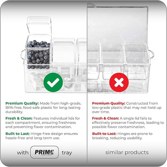 Prime Home Direct Ice Chilled Condiment Caddy | 5 Containers & 5 Lids | BPA Free | Hosting Party Supplies Serving Tray Platter | Buffet, Food Server, Fruit, Garnish, Mimosa, Salad, Taco Bar Organizer