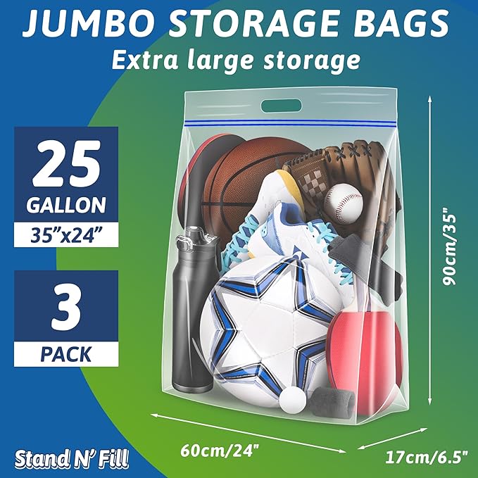 Extra Large 25 Gallon Storage Bags - 35” x 24” with Resealable Zip and Carry Handle, Ideal for Clothes, Pillows, Moving and Travel, Set of 3