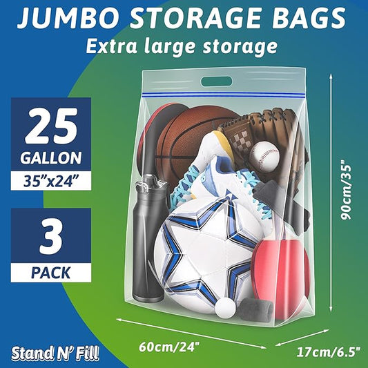 Extra Large 25 Gallon Storage Bags - 35” x 24” with Resealable Zip and Carry Handle, Ideal for Clothes, Pillows, Moving and Travel, Set of 3