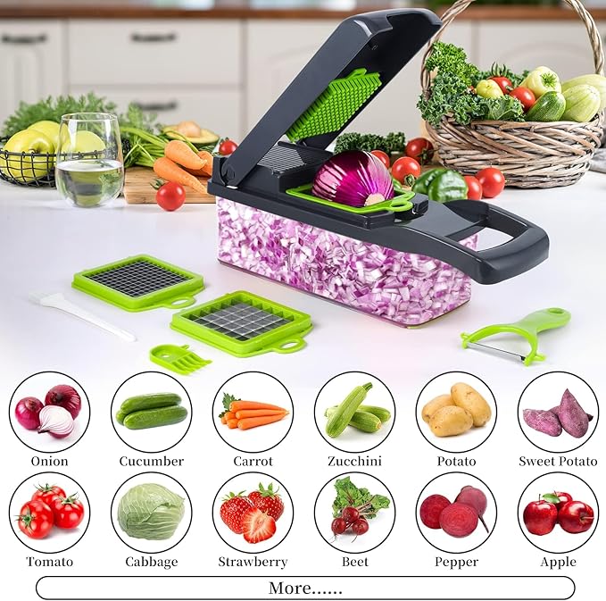 Vegetable Chopper, Pro Onion Chopper, 16-in-1 Multifunctional Food Chopper and Slicer, with 8 Adjustable blades for Cutting Different Sizes and Shapes, Carrot Chopper with Container-Kitchen Essentials
