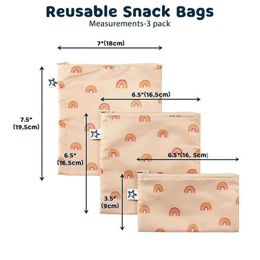 Tiny Twinkle 3 Pack Reusable Snack Bags - Machine Washable, PFAS, PVC, BPA, Phthalate-Free Reusable Baby and Toddler Food Safe Snack Bags (Boho Rainbow)