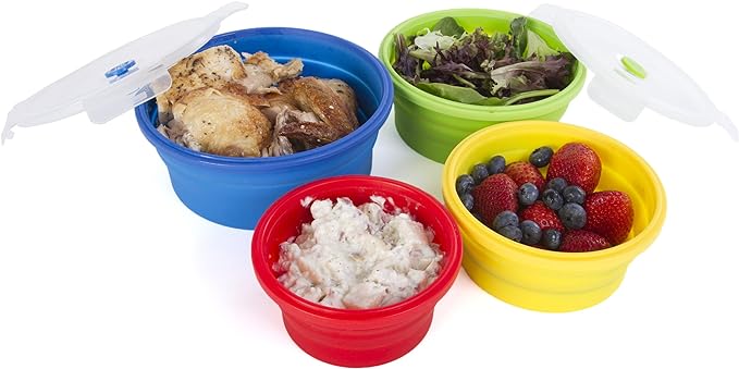 Thin Bins Collapsible Containers Set of 4 Round Silicone Food Storage Containers BPA Free, Microwave, Dishwasher and Freezer Safe - No more cluttered container cabinet! SC-149A