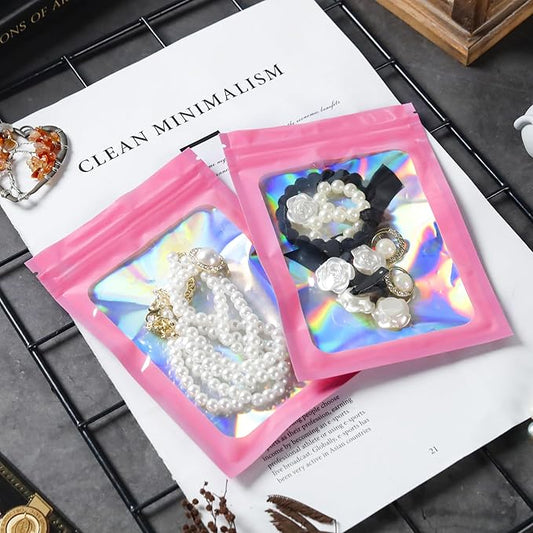 100 Pcs Mylar Bags Pink Holographic Bags with Clear Window Resealable Bags for Food Storage Packaging for Small Business(4×6Inch)