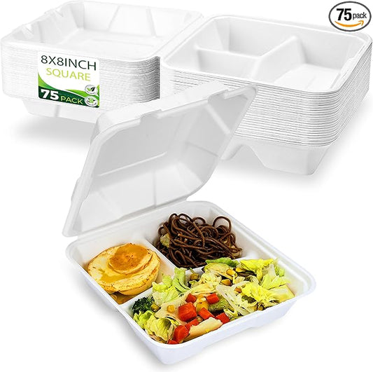 75 Pack Clamshell To Go Containers (3 Compartment - 8”x8”), Heavy Duty Disposable Take Out Containers with Lids, 100% Composatble Made of Plant Fiber, White