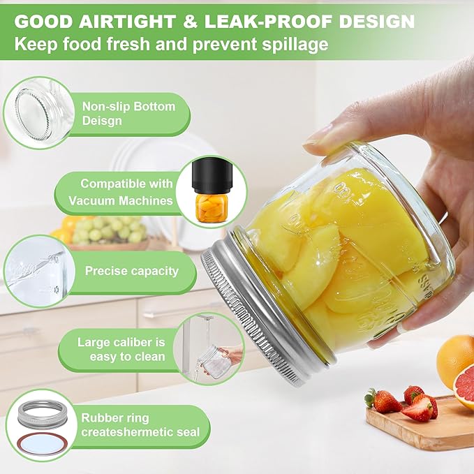 24 Pack 8 oz Mason Jars with Airtight Lids and Bands, Mini Glass Canning Jar for Food Storage Pickling, Regular Half Pint Jar for Kitchen Spice, Jam, Jelly, Overnight Oats, Baby Foods